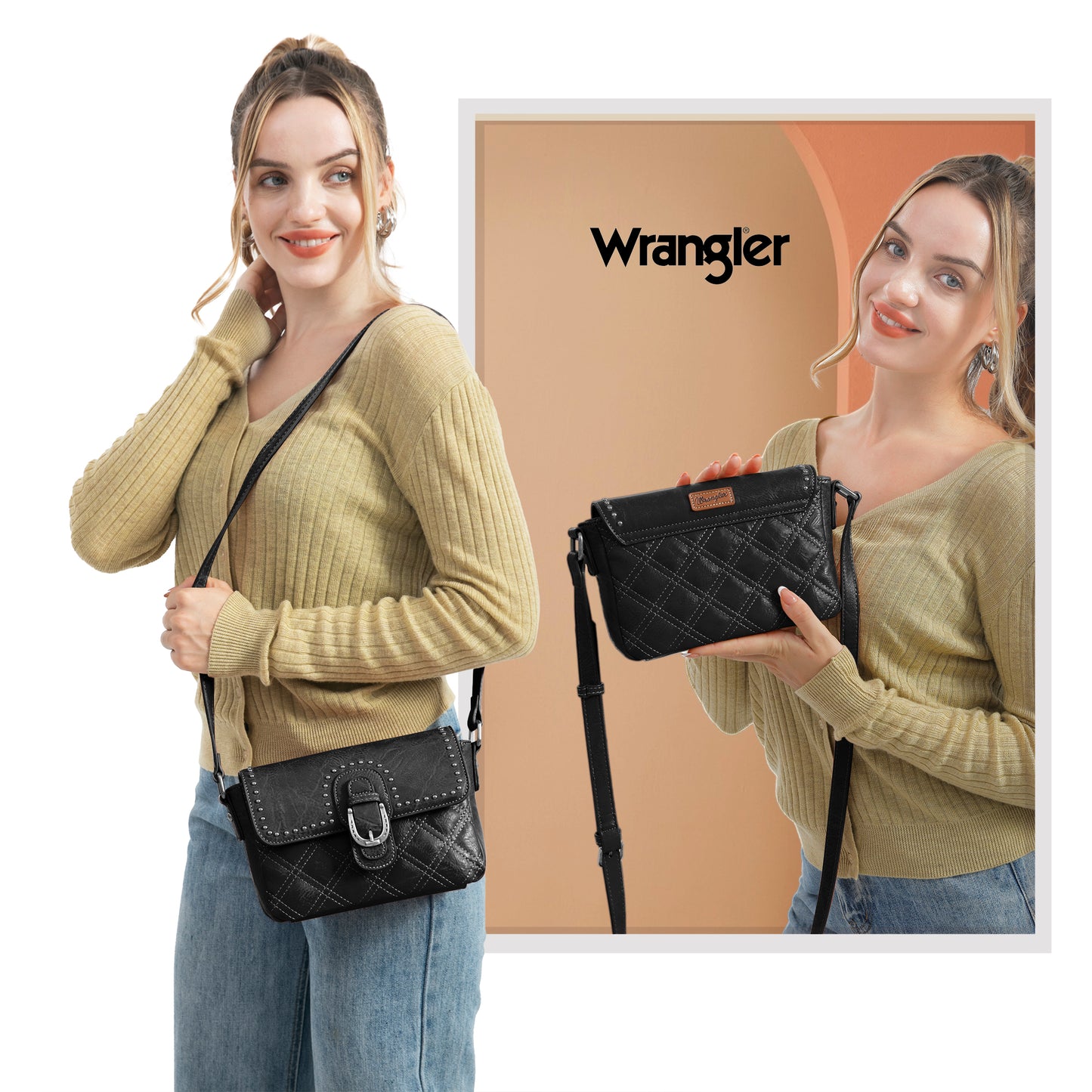 Wrangler Women's Buckle Crossbody Quilted PU Leather Shoulder Purse