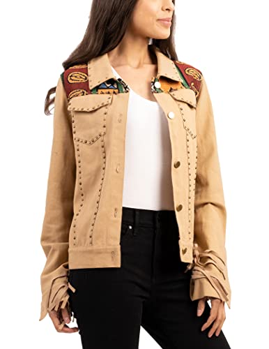 Montana West Women's Cropped Fringe Embroidered Studded Faux Suede Leather Aztec Jacket