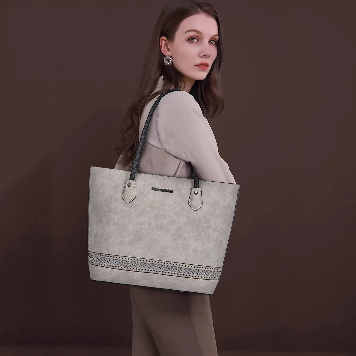 Montana West Vegan Leather Top-handle Shoulder Bag with Woven Decro